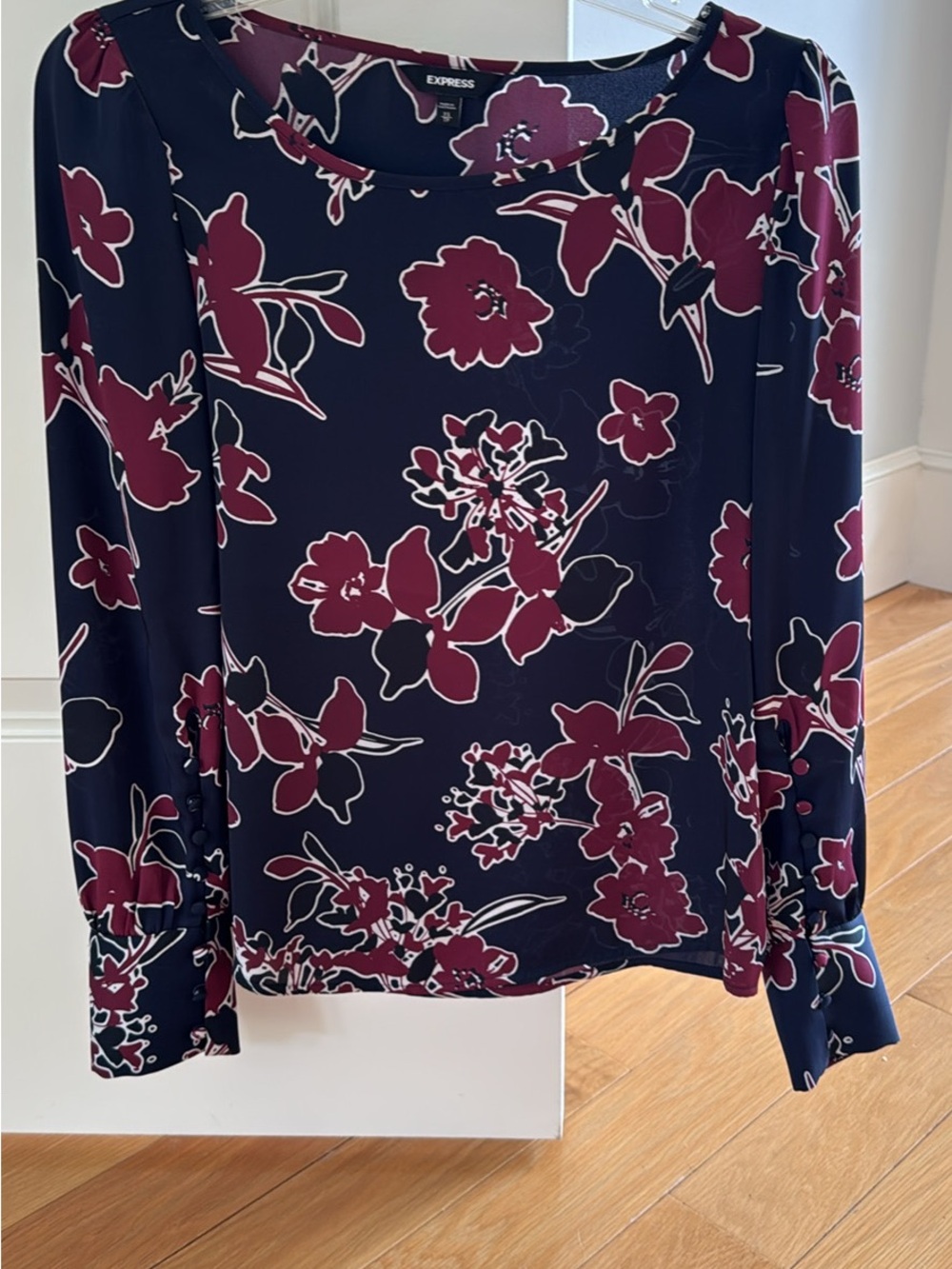 Express Women's Navy Blouse with Burgundy Floral Print
